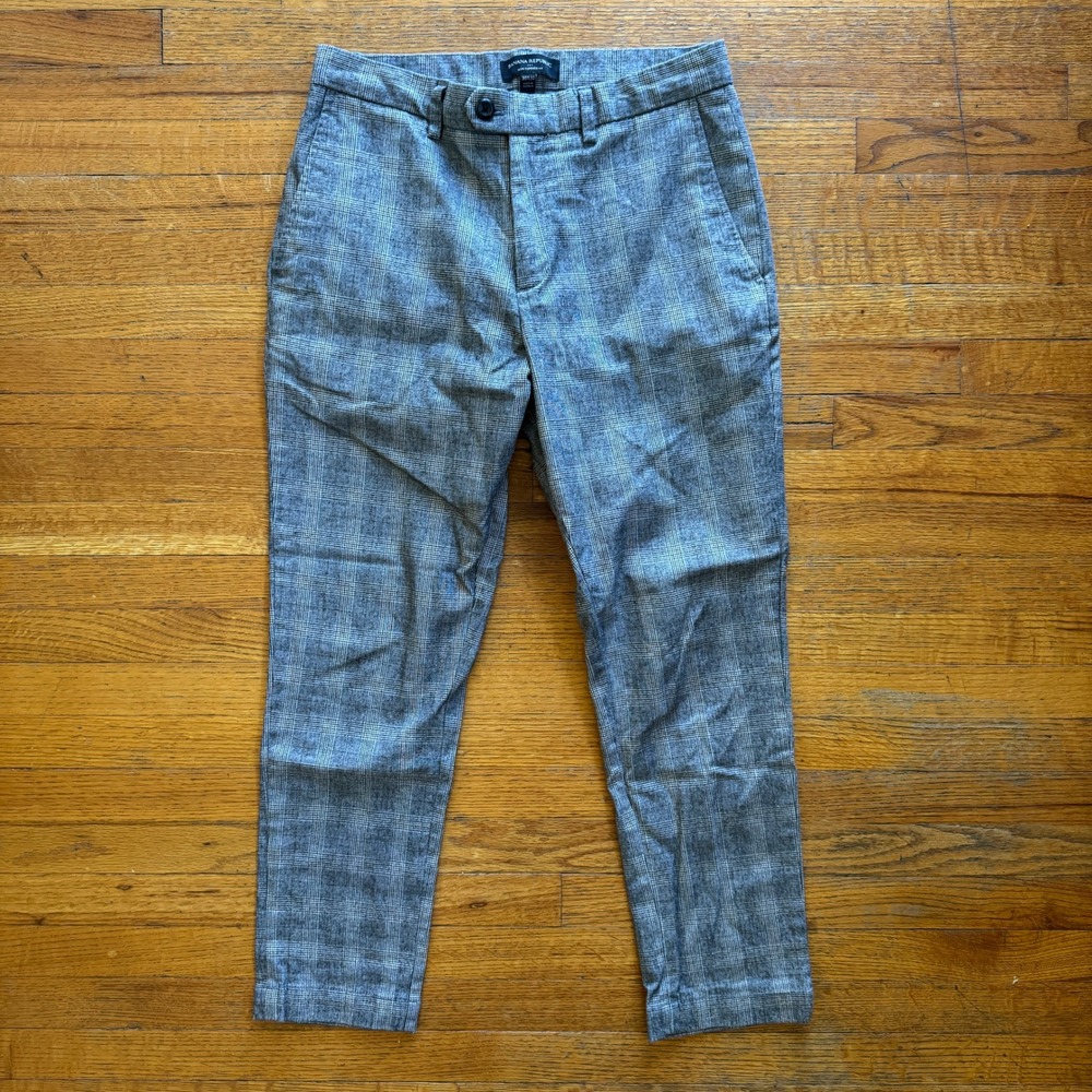 Banana Republic Slim Tapered Fit Glen Plaid Trousers Grey White 30x30 Mens